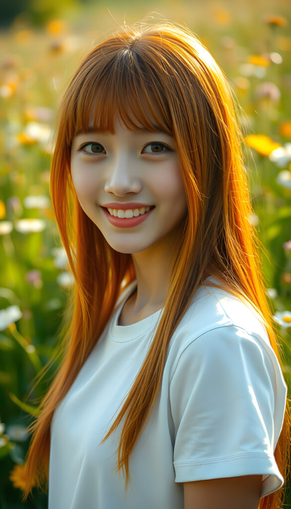 A vibrant and whimsical scene featuring a cheerful teenage girl with adorable Korean-style bangs and a perfectly curved silhouette. Her ultra-realistic face is adorned with sparkling amber eyes and a subtle smile, revealing her white teeth. Her long, straight orange hair cascades down in a soft, flowing manner. She wears a crisp white t-shirt, adding to her fresh and youthful appearance. The setting is a sunlit meadow with lush greenery and blooming flowers, creating a magical atmosphere. The image is richly saturated, with deep shadows and ultra-high resolution, making it a stunning masterpiece that captures the essence of innocence and beauty.