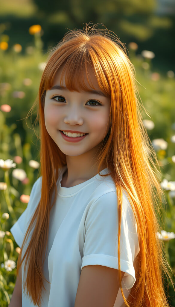 A vibrant and whimsical scene featuring a cheerful teenage girl with adorable Korean-style bangs and a perfectly curved silhouette. Her ultra-realistic face is adorned with sparkling amber eyes and a subtle smile, revealing her white teeth. Her long, straight orange hair cascades down in a soft, flowing manner. She wears a crisp white t-shirt, adding to her fresh and youthful appearance. The setting is a sunlit meadow with lush greenery and blooming flowers, creating a magical atmosphere. The image is richly saturated, with deep shadows and ultra-high resolution, making it a stunning masterpiece that captures the essence of innocence and beauty.