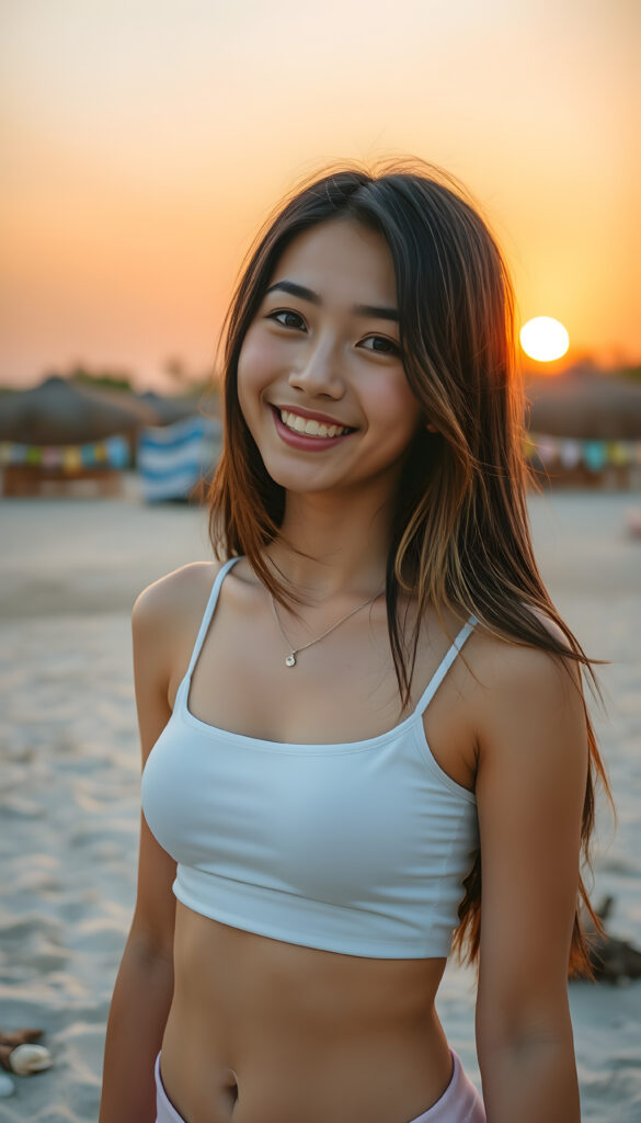 A vibrant and whimsical scene featuring a cheerful, young adult Japanese teen well busty girl with super straight dark hair adorned with golden highlights. She wears a playful, white plain, thin cropped sport spaghetti tank top, smiling warmly as she stands on a sandy beach. Her hair falls elegantly, cascading down her back. The setting sun casts a warm, golden glow, creating a serene and magical atmosphere. The beach is adorned with playful elements, such as seashells and driftwood, adding to the lively ambiance. The image captures dynamic angles, highlighting the beauty of the sunset and the joy of the moment.