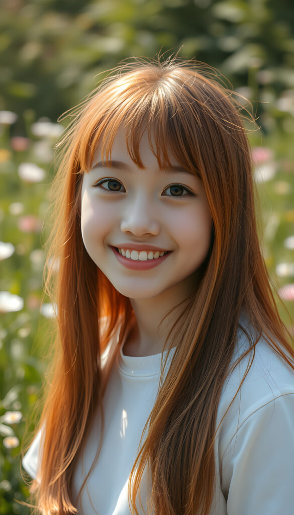 A vibrant and whimsical scene featuring a cheerful teenage girl with adorable Korean-style bangs and a perfectly curved silhouette. Her ultra-realistic face is adorned with sparkling amber eyes and a subtle smile, revealing her white teeth. Her long, straight orange hair cascades down in a soft, flowing manner. She wears a crisp white t-shirt, adding to her fresh and youthful appearance. The setting is a sunlit meadow with lush greenery and blooming flowers, creating a magical atmosphere. The image is richly saturated, with deep shadows and ultra-high resolution, making it a stunning masterpiece that captures the essence of innocence and beauty.