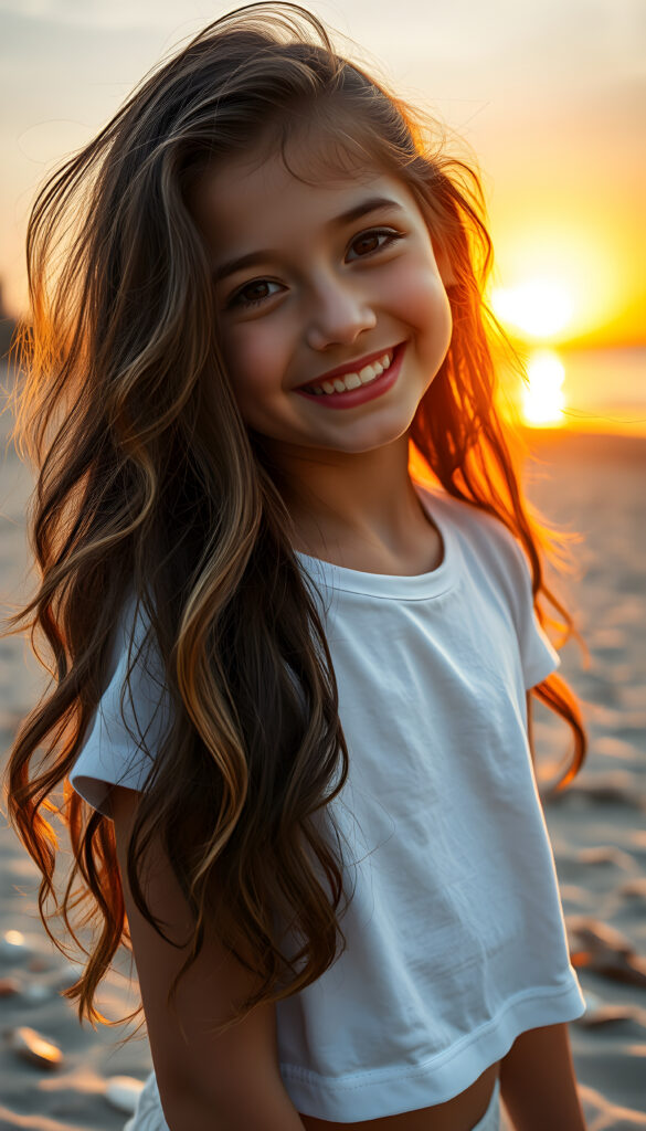 A vibrant and whimsical scene featuring a cheerful, young girl with long, wavy dark hair adorned with golden highlights. She wears a playful, white plain, cropped t-shirt, smiling warmly as she stands on a sandy beach. Her hair flows elegantly, cascading down her back. The setting sun casts a warm, golden glow, creating a serene and magical atmosphere. The beach is adorned with playful elements, such as seashells and driftwood, adding to the lively ambiance. The image captures dynamic angles, highlighting the beauty of the sunset and the joy of the moment.