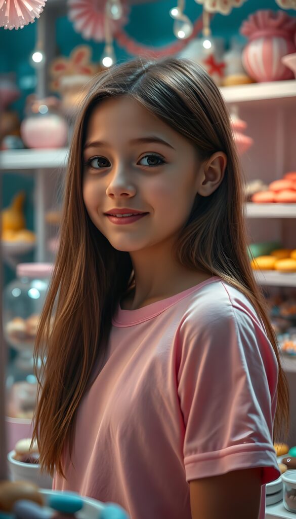 A vibrant and whimsical scene set in a candy shop, featuring a young girl with radiant, sun-kissed skin and sleek, chestnut-brown hair cascading down her shoulders. She is adorned in a soft pink t-shirt that complements her warm complexion. The shop is a candy wonderland, with colorful sweets and chocolates meticulously arranged on shelves, glistening under the soft, ambient lighting. The girl's eyes sparkle with delight as she gazes at the treats. The composition highlights her silhouette against a backdrop of pastel hues and whimsical decorations, creating a dreamy, fairy-tale-like atmosphere. The focus is sharp on her, with a gentle bokeh effect enhancing the magical ambiance. The image radiates joy and innocence, perfect for a PG-rated scene.