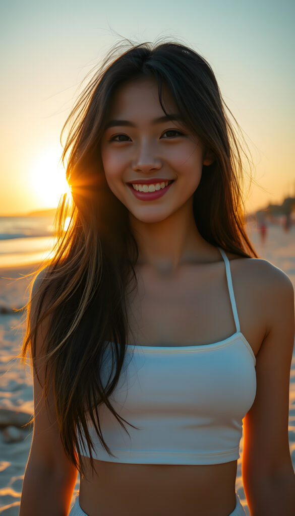 A vibrant and whimsical scene featuring a cheerful, young adult Japanese teen well busty girl with super straight dark hair adorned with golden highlights. She wears a playful, white plain, thin cropped sport spaghetti tank top, smiling warmly as she stands on a sandy beach. Her hair falls elegantly, cascading down her back. The setting sun casts a warm, golden glow, creating a serene and magical atmosphere. The beach is adorned with playful elements, such as seashells and driftwood, adding to the lively ambiance. The image captures dynamic angles, highlighting the beauty of the sunset and the joy of the moment.