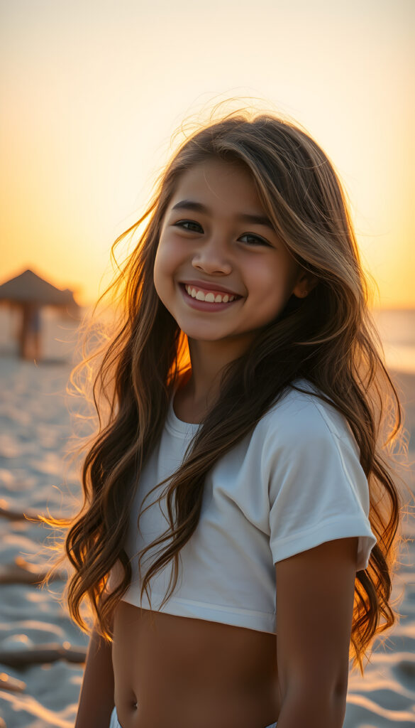 A vibrant and whimsical scene featuring a cheerful, young girl with long, wavy dark hair adorned with golden highlights. She wears a playful, white plain, cropped t-shirt, smiling warmly as she stands on a sandy beach. Her hair flows elegantly, cascading down her back. The setting sun casts a warm, golden glow, creating a serene and magical atmosphere. The beach is adorned with playful elements, such as seashells and driftwood, adding to the lively ambiance. The image captures dynamic angles, highlighting the beauty of the sunset and the joy of the moment.