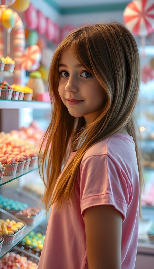 A vibrant and whimsical scene set in a candy shop, featuring a young girl with radiant, sun-kissed skin and sleek, chestnut-brown hair cascading down her shoulders. She is adorned in a soft pink t-shirt that complements her warm complexion. The shop is a candy wonderland, with colorful sweets and chocolates meticulously arranged on shelves, glistening under the soft, ambient lighting. The girl's eyes sparkle with delight as she gazes at the treats. The composition highlights her silhouette against a backdrop of pastel hues and whimsical decorations, creating a dreamy, fairy-tale-like atmosphere. The focus is sharp on her, with a gentle bokeh effect enhancing the magical ambiance. The image radiates joy and innocence, perfect for a PG-rated scene.