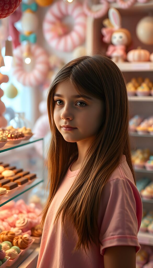 A vibrant and whimsical scene set in a candy shop, featuring a young girl with radiant, sun-kissed skin and sleek, chestnut-brown hair cascading down her shoulders. She is adorned in a soft pink t-shirt that complements her warm complexion. The shop is a candy wonderland, with colorful sweets and chocolates meticulously arranged on shelves, glistening under the soft, ambient lighting. The girl's eyes sparkle with delight as she gazes at the treats. The composition highlights her silhouette against a backdrop of pastel hues and whimsical decorations, creating a dreamy, fairy-tale-like atmosphere. The focus is sharp on her, with a gentle bokeh effect enhancing the magical ambiance. The image radiates joy and innocence, perfect for a PG-rated scene.