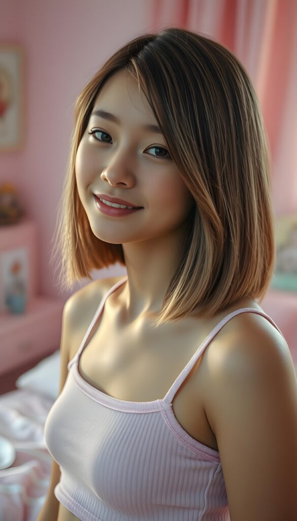A vibrant and whimsical scene, featuring a young cute young adult girl in her 18 with radiant, sun-kissed skin and sleek, chestnut-brown straight hair and blond highlights cascading down her shoulders in a perfect symmetrical bob cut. She is adorned in a soft light pink cropped tank top made of fine wool that complements her warm complexion, glistening under the soft, ambient lighting. The girl’s eyes sparkle with delight. The composition highlights her silhouette against a backdrop of pastel hues, creating a dreamy atmosphere in her pink bedroom. The focus is sharp on her, with a gentle bokeh effect enhancing the magical ambiance. The image radiates joy and innocence, perfect for a PG-rated scene.
