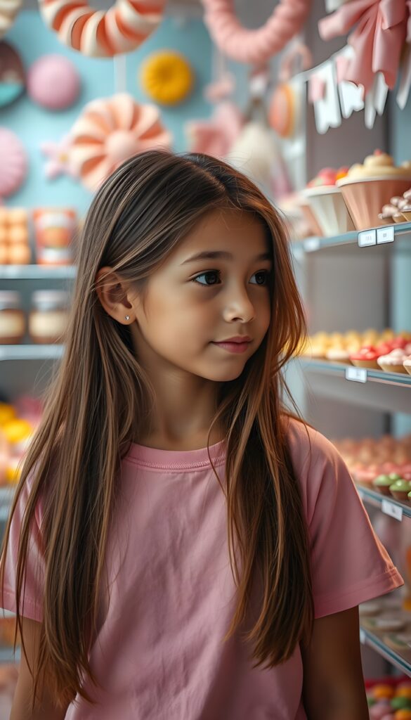 A vibrant and whimsical scene set in a candy shop, featuring a young girl with radiant, sun-kissed skin and sleek, chestnut-brown hair cascading down her shoulders. She is adorned in a soft pink t-shirt that complements her warm complexion. The shop is a candy wonderland, with colorful sweets and chocolates meticulously arranged on shelves, glistening under the soft, ambient lighting. The girl's eyes sparkle with delight as she gazes at the treats. The composition highlights her silhouette against a backdrop of pastel hues and whimsical decorations, creating a dreamy, fairy-tale-like atmosphere. The focus is sharp on her, with a gentle bokeh effect enhancing the magical ambiance. The image radiates joy and innocence, perfect for a PG-rated scene.