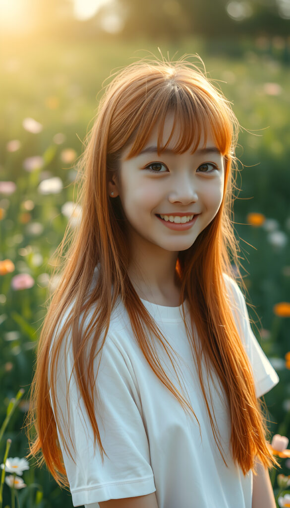 A vibrant and whimsical scene featuring a cheerful teenage girl with adorable Korean-style bangs and a perfectly curved silhouette. Her ultra-realistic face is adorned with sparkling amber eyes and a subtle smile, revealing her white teeth. Her long, straight orange hair cascades down in a soft, flowing manner. She wears a crisp white t-shirt, adding to her fresh and youthful appearance. The setting is a sunlit meadow with lush greenery and blooming flowers, creating a magical atmosphere. The image is richly saturated, with deep shadows and ultra-high resolution, making it a stunning masterpiece that captures the essence of innocence and beauty.