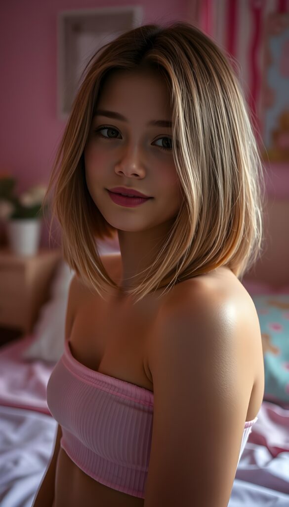 A vibrant and whimsical scene, featuring a young cute young adult girl in her 18 with radiant, sun-kissed skin and sleek, chestnut-brown straight hair and blond highlights cascading down her shoulders in a perfect symmetrical bob cut. She is adorned in a soft light pink cropped tank top made of fine wool that complements her warm complexion, glistening under the soft, ambient lighting. The girl’s eyes sparkle with delight. The composition highlights her silhouette against a backdrop of pastel hues, creating a dreamy atmosphere in her pink bedroom. The focus is sharp on her, with a gentle bokeh effect enhancing the magical ambiance. The image radiates joy and innocence, perfect for a PG-rated scene.