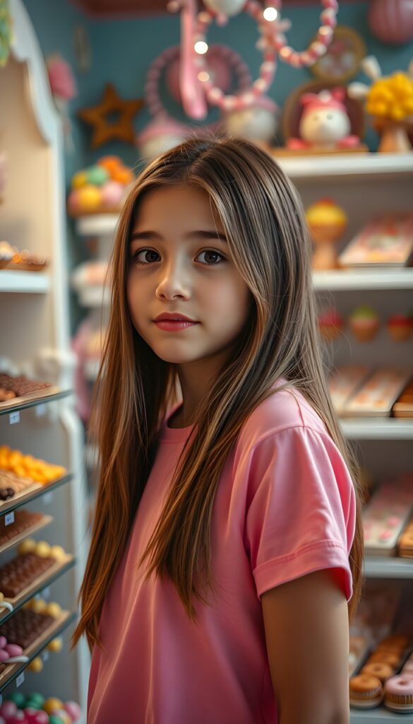 A vibrant and whimsical scene set in a candy shop, featuring a young girl with radiant, sun-kissed skin and sleek, chestnut-brown hair cascading down her shoulders. She is adorned in a soft pink t-shirt that complements her warm complexion. The shop is a candy wonderland, with colorful sweets and chocolates meticulously arranged on shelves, glistening under the soft, ambient lighting. The girl's eyes sparkle with delight as she gazes at the treats. The composition highlights her silhouette against a backdrop of pastel hues and whimsical decorations, creating a dreamy, fairy-tale-like atmosphere. The focus is sharp on her, with a gentle bokeh effect enhancing the magical ambiance. The image radiates joy and innocence, perfect for a PG-rated scene.