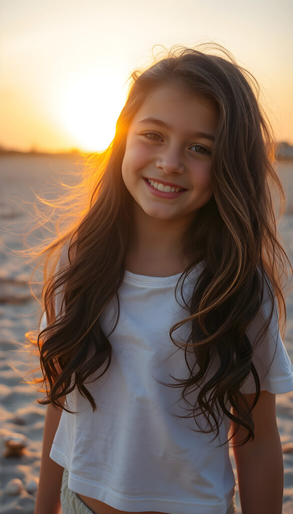 A vibrant and whimsical scene featuring a cheerful, young girl with long, wavy dark hair adorned with golden highlights. She wears a playful, white plain, cropped t-shirt, smiling warmly as she stands on a sandy beach. Her hair flows elegantly, cascading down her back. The setting sun casts a warm, golden glow, creating a serene and magical atmosphere. The beach is adorned with playful elements, such as seashells and driftwood, adding to the lively ambiance. The image captures dynamic angles, highlighting the beauty of the sunset and the joy of the moment.