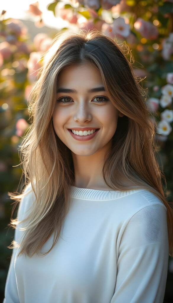 A vibrant, artistic portrait of a young woman with a radiant smile, her hair a mix of golden blonde and rich brown highlights cascading softly over her shoulders. She wears a fine white sweater that accentuates her elegant curves. The background is a dreamy, ethereal garden with blooming flowers and soft, dappled sunlight filtering through lush foliage, creating a warm, inviting atmosphere. The composition emphasizes her joyful expression and the delicate play of light on her hair and attire, evoking a sense of youthful beauty and serenity.