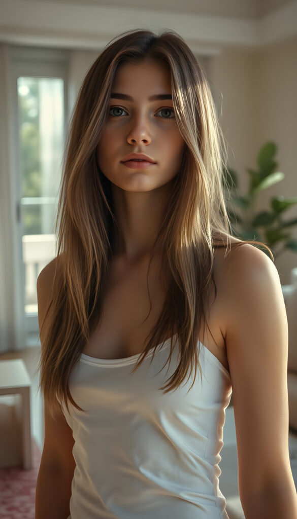 A vibrant, artistic scene featuring a young girl with long, flowing brown hair in a stylish cut. She is wearing a delicate, white plain push-up tank top with a deep neckline, accentuating her gentle curves. The setting is an elegant, sunlit apartment with modern decor, including large windows that let in a soft, natural light. The color palette is warm and inviting, with pastel tones and subtle textures. The girl is positioned thoughtfully, with a serene expression, adding a sense of calm and beauty to the composition. The background includes minimalist furnishings, a cozy sofa, and a potted plant, enhancing the homely atmosphere. The image is rendered with a high level of detail and a painterly style, emphasizing the girl's features and the inviting ambiance of the space.