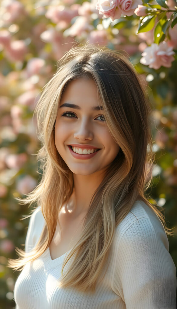A vibrant, artistic portrait of a young woman with a radiant smile, her hair a mix of golden blonde and rich brown highlights cascading softly over her shoulders. She wears a fine white sweater that accentuates her elegant curves. The background is a dreamy, ethereal garden with blooming flowers and soft, dappled sunlight filtering through lush foliage, creating a warm, inviting atmosphere. The composition emphasizes her joyful expression and the delicate play of light on her hair and attire, evoking a sense of youthful beauty and serenity.