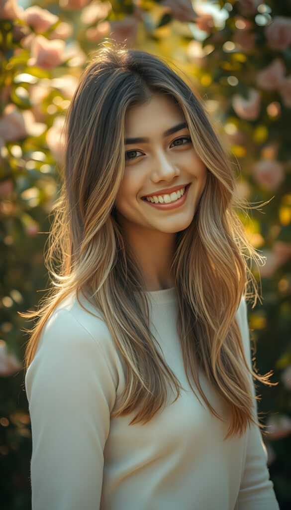 A vibrant, artistic portrait of a young woman with a radiant smile, her hair a mix of golden blonde and rich brown highlights cascading softly over her shoulders. She wears a fine white sweater that accentuates her elegant curves. The background is a dreamy, ethereal garden with blooming flowers and soft, dappled sunlight filtering through lush foliage, creating a warm, inviting atmosphere. The composition emphasizes her joyful expression and the delicate play of light on her hair and attire, evoking a sense of youthful beauty and serenity.