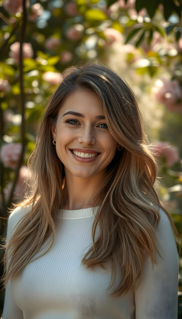 A vibrant, artistic portrait of a well busty woman with a radiant smile, her hair a mix of golden blonde and rich brown highlights cascading softly over her shoulders. She wears a fine white sweater that accentuates her elegant curves. The background is a dreamy, ethereal garden with blooming flowers and soft, dappled sunlight filtering through lush foliage, creating a warm, inviting atmosphere. The composition emphasizes her joyful expression and the delicate play of light on her hair and attire, evoking a sense of youthful beauty and serenity.