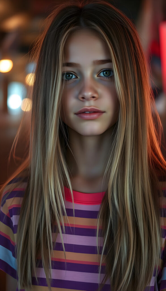 A vibrant, artistic rendering of an adult girl with a playful, whimsical twist. She wears a colorful, neon-striped thin t-shirt that contrasts beautifully with her long, straight blonde hair adorned with brown highlights. Her straight hair adding movement and energy to the scene. The lighting is soft yet striking, casting a gentle glow that highlights her youthful radiance and the vivid colors of her outfit. The overall composition is a harmonious blend of modern street art and fantasy, evoking a sense of curiosity and joy.