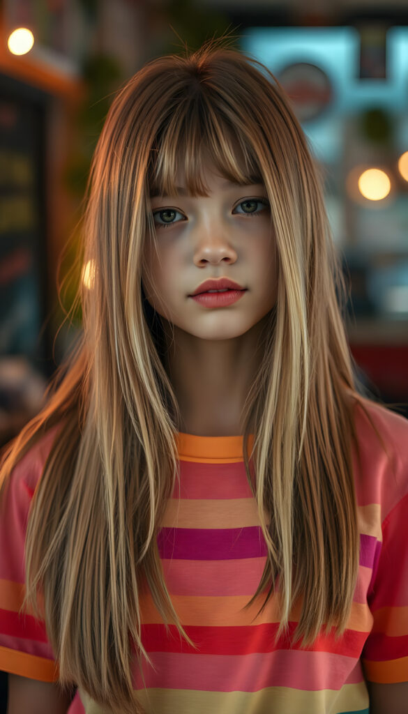 A vibrant, artistic rendering of an adult girl with a playful, whimsical twist. She wears a colorful, neon-striped thin t-shirt that contrasts beautifully with her long, straight blonde hair adorned with brown highlights. Her straight hair adding movement and energy to the scene. The lighting is soft yet striking, casting a gentle glow that highlights her youthful radiance and the vivid colors of her outfit. The overall composition is a harmonious blend of modern street art and fantasy, evoking a sense of curiosity and joy.