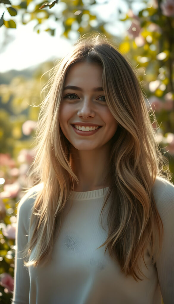 A vibrant, artistic portrait of a young woman with a radiant smile, her hair a mix of golden blonde and rich brown highlights cascading softly over her shoulders. She wears a fine white sweater that accentuates her elegant curves. The background is a dreamy, ethereal garden with blooming flowers and soft, dappled sunlight filtering through lush foliage, creating a warm, inviting atmosphere. The composition emphasizes her joyful expression and the delicate play of light on her hair and attire, evoking a sense of youthful beauty and serenity.