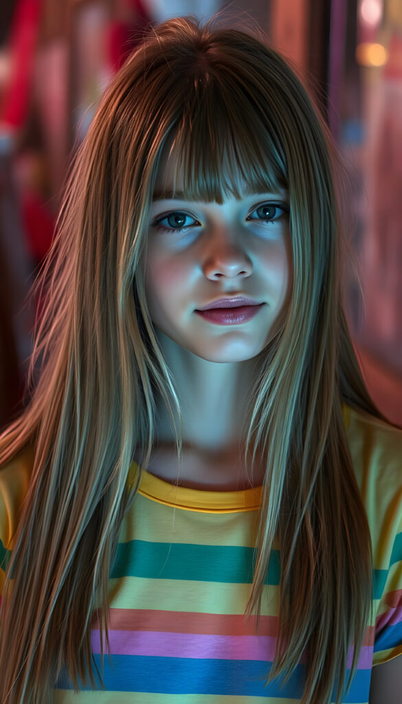 A vibrant, artistic rendering of an adult girl with a playful, whimsical twist. She wears a colorful, neon-striped thin t-shirt that contrasts beautifully with her long, straight blonde hair adorned with brown highlights. Her straight hair adding movement and energy to the scene. The lighting is soft yet striking, casting a gentle glow that highlights her youthful radiance and the vivid colors of her outfit. The overall composition is a harmonious blend of modern street art and fantasy, evoking a sense of curiosity and joy.