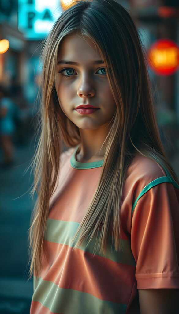 A vibrant, artistic rendering of an adult girl with a playful, whimsical twist. She wears a colorful, neon-striped thin t-shirt that contrasts beautifully with her long, straight blonde hair adorned with brown highlights. Her straight hair adding movement and energy to the scene. The lighting is soft yet striking, casting a gentle glow that highlights her youthful radiance and the vivid colors of her outfit. The overall composition is a harmonious blend of modern street art and fantasy, evoking a sense of curiosity and joy.