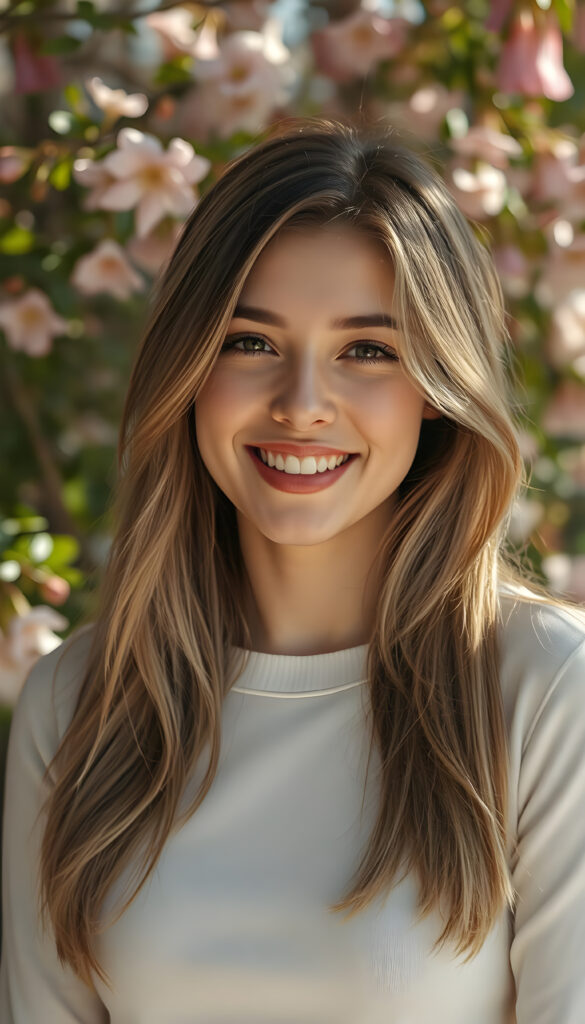 A vibrant, artistic portrait of a well busty woman with a radiant smile, her hair a mix of golden blonde and rich brown highlights cascading softly over her shoulders. She wears a fine white sweater that accentuates her elegant curves. The background is a dreamy, ethereal garden with blooming flowers and soft, dappled sunlight filtering through lush foliage, creating a warm, inviting atmosphere. The composition emphasizes her joyful expression and the delicate play of light on her hair and attire, evoking a sense of youthful beauty and serenity.