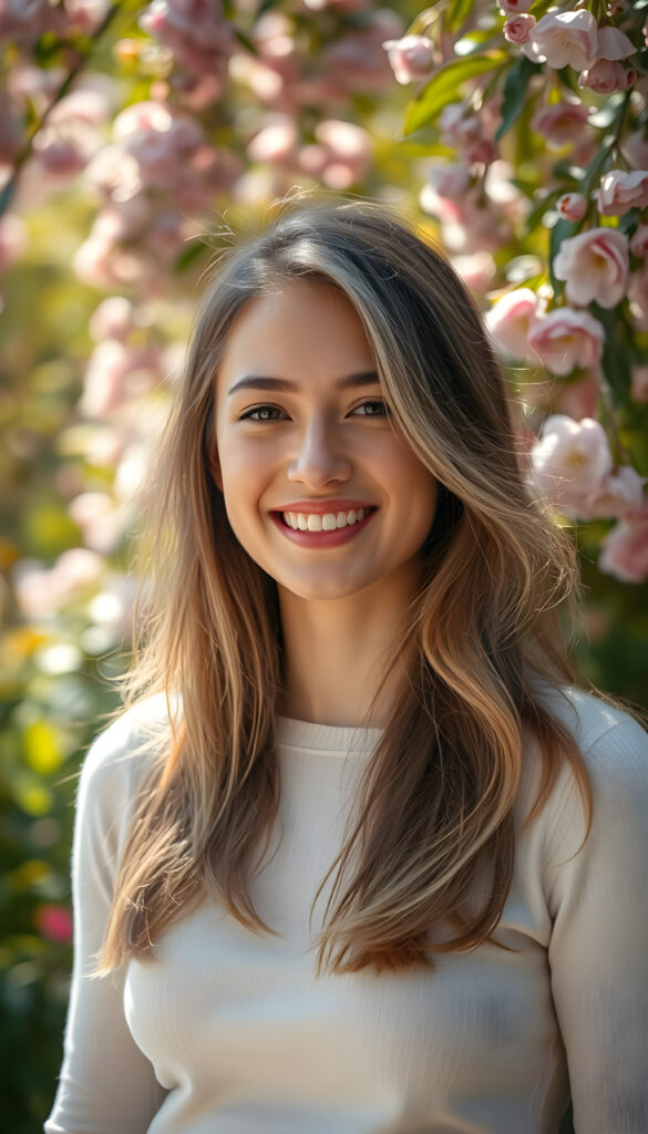 A vibrant, artistic portrait of a well busty woman with a radiant smile, her hair a mix of golden blonde and rich brown highlights cascading softly over her shoulders. She wears a fine white sweater that accentuates her elegant curves. The background is a dreamy, ethereal garden with blooming flowers and soft, dappled sunlight filtering through lush foliage, creating a warm, inviting atmosphere. The composition emphasizes her joyful expression and the delicate play of light on her hair and attire, evoking a sense of youthful beauty and serenity.
