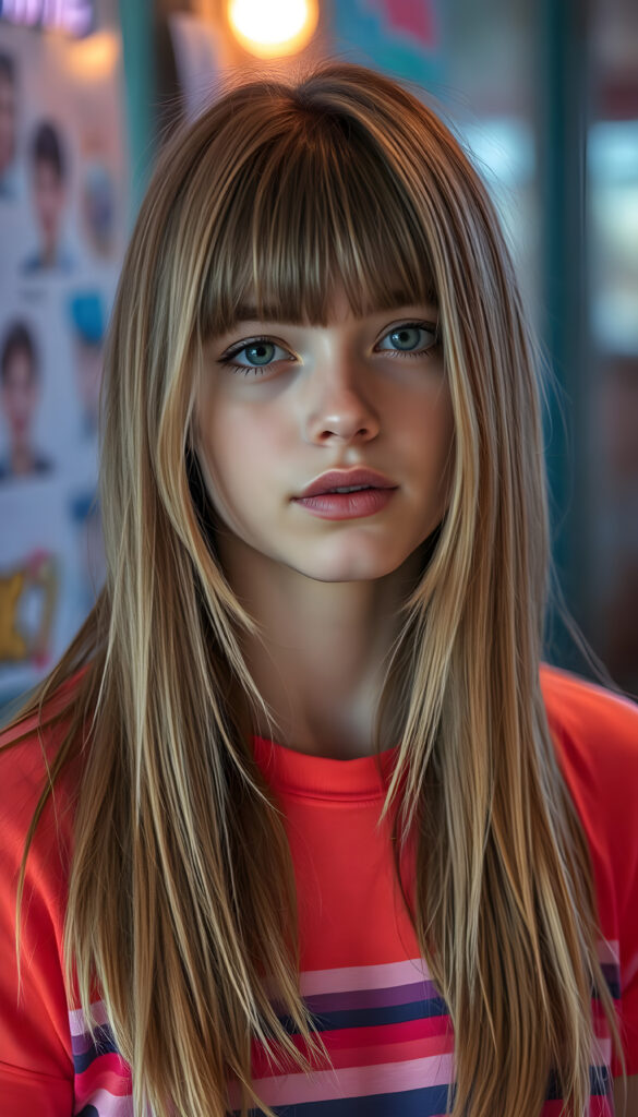 A vibrant, artistic rendering of an adult girl with a playful, whimsical twist. She wears a colorful, neon-striped thin t-shirt that contrasts beautifully with her long, straight blonde hair adorned with brown highlights. Her straight hair adding movement and energy to the scene. The lighting is soft yet striking, casting a gentle glow that highlights her youthful radiance and the vivid colors of her outfit. The overall composition is a harmonious blend of modern street art and fantasy, evoking a sense of curiosity and joy.