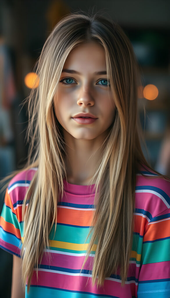 A vibrant, artistic rendering of an adult girl with a playful, whimsical twist. She wears a colorful, neon-striped thin t-shirt that contrasts beautifully with her long, straight blonde hair adorned with brown highlights. Her straight hair adding movement and energy to the scene. The lighting is soft yet striking, casting a gentle glow that highlights her youthful radiance and the vivid colors of her outfit. The overall composition is a harmonious blend of modern street art and fantasy, evoking a sense of curiosity and joy.