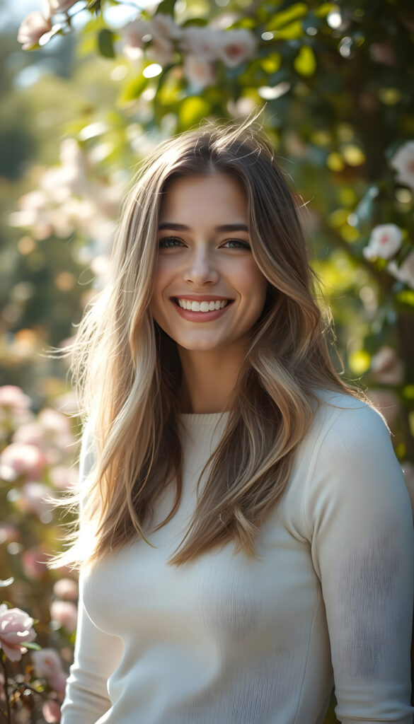 A vibrant, artistic portrait of a well busty woman with a radiant smile, her hair a mix of golden blonde and rich brown highlights cascading softly over her shoulders. She wears a fine white sweater that accentuates her elegant curves. The background is a dreamy, ethereal garden with blooming flowers and soft, dappled sunlight filtering through lush foliage, creating a warm, inviting atmosphere. The composition emphasizes her joyful expression and the delicate play of light on her hair and attire, evoking a sense of youthful beauty and serenity.