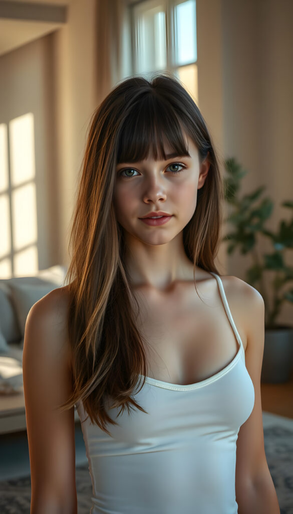 A vibrant, artistic scene featuring a young girl with long, flowing brown hair in a stylish cut. She is wearing a delicate, white plain push-up tank top with a deep neckline, accentuating her gentle curves. The setting is an elegant, sunlit apartment with modern decor, including large windows that let in a soft, natural light. The color palette is warm and inviting, with pastel tones and subtle textures. The girl is positioned thoughtfully, with a serene expression, adding a sense of calm and beauty to the composition. The background includes minimalist furnishings, a cozy sofa, and a potted plant, enhancing the homely atmosphere. The image is rendered with a high level of detail and a painterly style, emphasizing the girl's features and the inviting ambiance of the space.