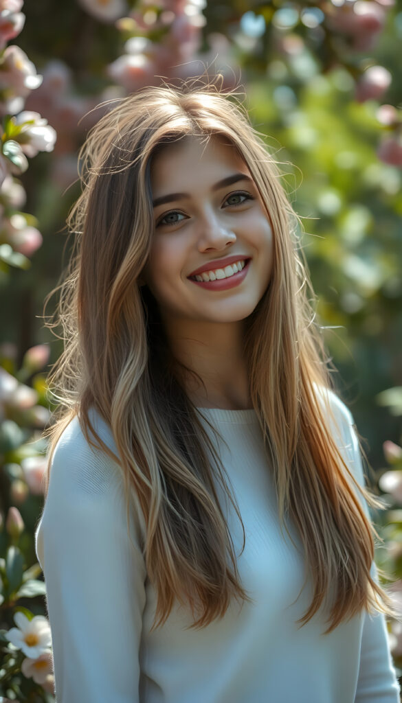 A vibrant, artistic portrait of a young woman with a radiant smile, her hair a mix of golden blonde and rich brown highlights cascading softly over her shoulders. She wears a fine white sweater that accentuates her elegant curves. The background is a dreamy, ethereal garden with blooming flowers and soft, dappled sunlight filtering through lush foliage, creating a warm, inviting atmosphere. The composition emphasizes her joyful expression and the delicate play of light on her hair and attire, evoking a sense of youthful beauty and serenity.