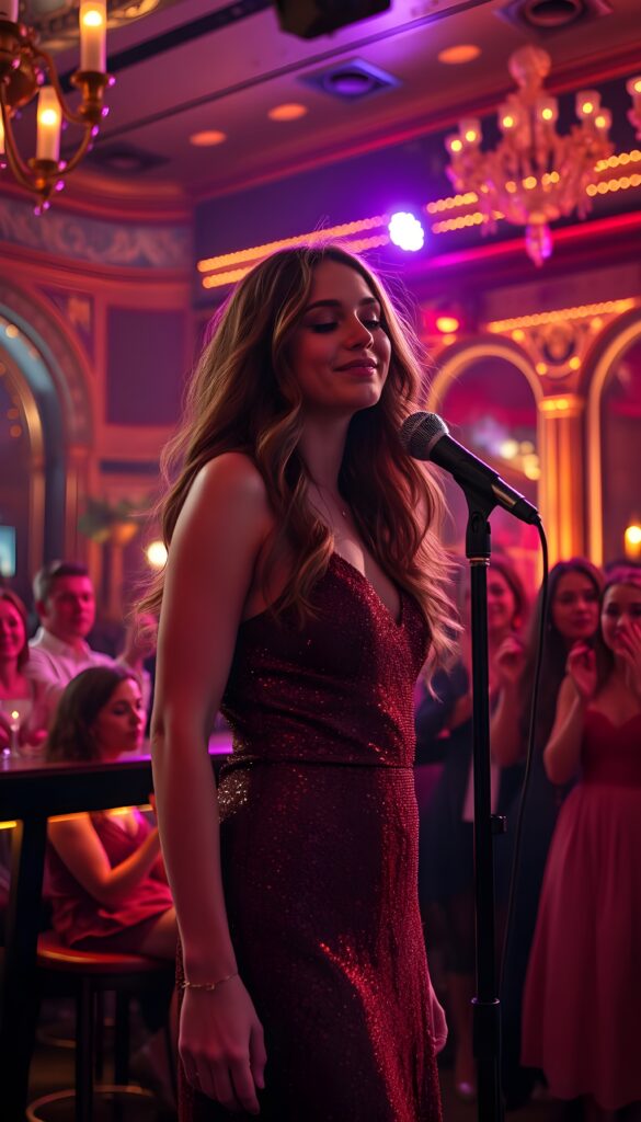 A vibrant concert scene where a young singer stands on a lavishly decorated stage, bathed in warm, golden lights. She has cascading wavy hair, her eyes half-closed in passion as she performs. She wears a dazzling wine-red dress, complemented by a retro microphone glowing in front of her. The bar is softly illuminated, with patrons in vibrant attire, cheering and clapping.
