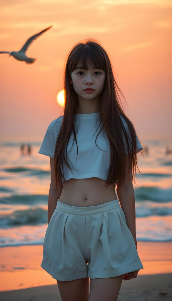A vibrant, dreamlike full body image of a young Japanese woman standing alone on a beach at sunset. Her long, chestnut brown hair with soft bangs frames her face and she stands in front of the viewer. She wears a white cropped t-shirt and a white round mini skirt. The sky is painted in hues of orange and pink, with the sun casting a warm glow on the water. Seagulls fly overhead, and gentle waves lap at the shore. The composition emphasizes the contrast between the girl's quiet presence and the vast, colorful sky. She shows her cute round belly button.