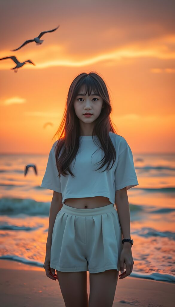 A vibrant, dreamlike full body image of a young Japanese woman standing alone on a beach at sunset. Her long, chestnut brown hair with soft bangs frames her face and she stands in front of the viewer. She wears a white cropped t-shirt and a white round mini skirt. The sky is painted in hues of orange and pink, with the sun casting a warm glow on the water. Seagulls fly overhead, and gentle waves lap at the shore. The composition emphasizes the contrast between the girl's quiet presence and the vast, colorful sky. She shows her cute round belly button.