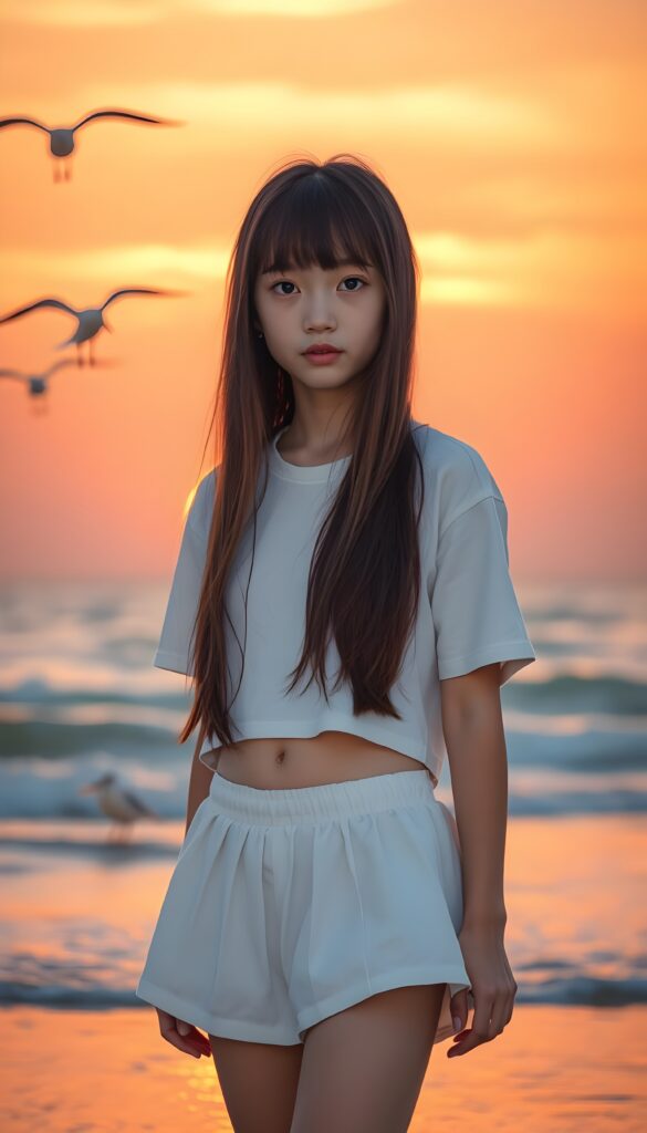 A vibrant, dreamlike full body image of a young Japanese woman standing alone on a beach at sunset. Her long, chestnut brown hair with soft bangs frames her face and she stands in front of the viewer. She wears a white cropped t-shirt and a white round mini skirt. The sky is painted in hues of orange and pink, with the sun casting a warm glow on the water. Seagulls fly overhead, and gentle waves lap at the shore. The composition emphasizes the contrast between the girl's quiet presence and the vast, colorful sky. She shows her cute round belly button.