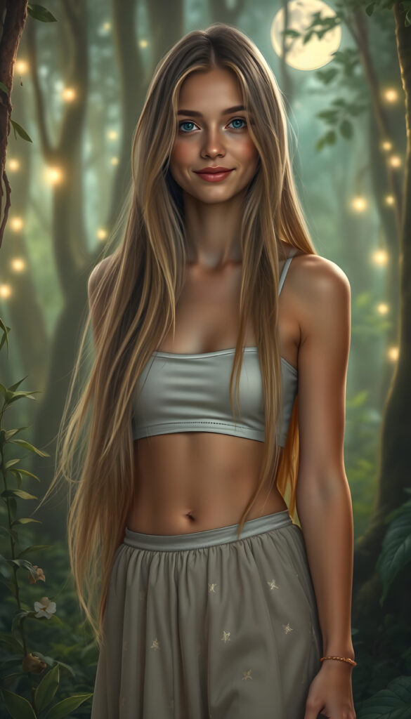 A vibrant, enchanting scene featuring a stunning teenage girl with long, flowing hair that cascades like a golden waterfall. Her figure is perfectly sculpted, exuding grace and allure. She stands in a mystical forest, where the trees are aglow with ethereal lights, casting a magical ambiance. The woman wears a short cropped tank top, round mini skirt that shimmers in the soft, moonlit light, blending harmoniously with the serene environment. Her eyes sparkle with wisdom and kindness, and her smile is warm and inviting. The background is filled with lush, vibrant flora and fauna, with a soft, dreamy color palette dominated by shades of green, gold, and pastel hues, creating a whimsical and enchanting atmosphere. The overall composition is both dynamic and tranquil, capturing the essence of beauty and serenity.