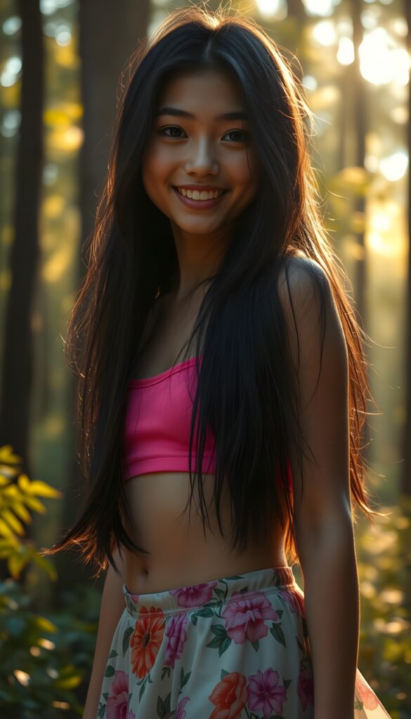 A vibrant, ethereal portrait of a stunning girl with sparkling, joy-filled eyes. Her long, jet-black hair cascades down her back like liquid night. She wears a vibrant pink tank top that contrasts beautifully with her sun-kissed skin and a flowing mini skirt adorned with intricate floral patterns. Her flawless legs are accentuated by the fabric that gently swirls around her ankles. The background is a lush forest with towering trees, their leaves shimmering in the golden sunlight filtering through the misty sky, creating a magical, dreamlike atmosphere. The scene is bathed in soft, warm light, casting gentle shadows and highlighting the girl's radiant smile. Cute round small belly button.