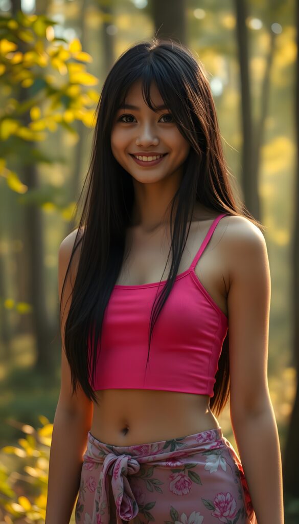 A vibrant, ethereal portrait of a stunning girl with sparkling, joy-filled eyes. Her long, jet-black hair cascades down her back like liquid night. She wears a vibrant pink tank top that contrasts beautifully with her sun-kissed skin and a flowing mini skirt adorned with intricate floral patterns. Her flawless legs are accentuated by the fabric that gently swirls around her ankles. The background is a lush forest with towering trees, their leaves shimmering in the golden sunlight filtering through the misty sky, creating a magical, dreamlike atmosphere. The scene is bathed in soft, warm light, casting gentle shadows and highlighting the girl's radiant smile. Cute round small belly button.