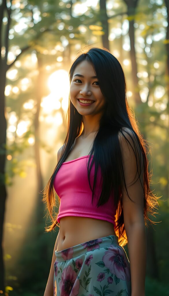 A vibrant, ethereal portrait of a stunning girl with sparkling, joy-filled eyes. Her long, jet-black hair cascades down her back like liquid night. She wears a vibrant pink tank top that contrasts beautifully with her sun-kissed skin and a flowing mini skirt adorned with intricate floral patterns. Her flawless legs are accentuated by the fabric that gently swirls around her ankles. The background is a lush forest with towering trees, their leaves shimmering in the golden sunlight filtering through the misty sky, creating a magical, dreamlike atmosphere. The scene is bathed in soft, warm light, casting gentle shadows and highlighting the girl's radiant smile. Cute round small belly button.