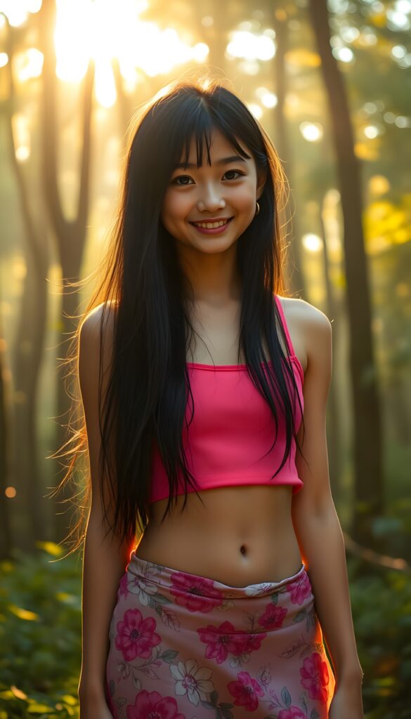 A vibrant, ethereal portrait of a stunning girl with sparkling, joy-filled eyes. Her long, jet-black hair cascades down her back like liquid night. She wears a vibrant pink tank top that contrasts beautifully with her sun-kissed skin and a flowing mini skirt adorned with intricate floral patterns. Her flawless legs are accentuated by the fabric that gently swirls around her ankles. The background is a lush forest with towering trees, their leaves shimmering in the golden sunlight filtering through the misty sky, creating a magical, dreamlike atmosphere. The scene is bathed in soft, warm light, casting gentle shadows and highlighting the girl's radiant smile. Cute round small belly button.