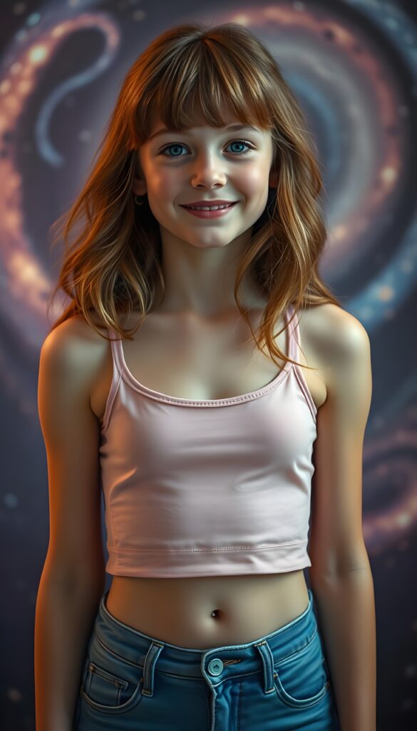 A vibrant, ethereal scene featuring a young girl with flowing chestnut red hair adorned with blond highlights cascading over her shoulders. Her radiant, deep blue eyes sparkle with curiosity, framed by delicate bangs. Her flawless, luminous skin glows under soft, diffused lighting, illuminating her warm, inviting smile. She wears a simple cropped pink tank top with a deep neckline, revealing her subtle, cute belly button, paired with short blue denim jeans. The background transitions into a fantastical, swirling galaxy, with twinkling stars and vibrant nebulae, creating a whimsical yet sophisticated atmosphere. The composition blends elegance and intelligence, with a touch of celestial magic, making her appear both approachable and inspiring.