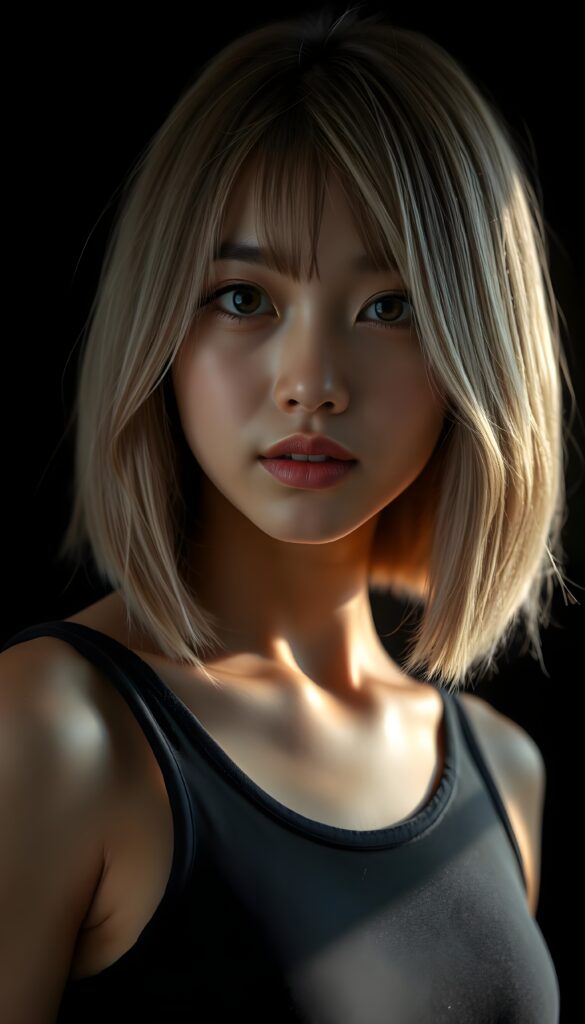 A vibrant, high-resolution portrait of a young Asian girl with luxuriously straight, thick, natural hair and blond highlights in a perfect shoulder-length bob cut and perfectly natural amber eyes. She wears a sleek, tight, thin, deep-neck dark tank top, deep neck, highlighting her flawless complexion and straight white teeth against a black backdrop, with soft, diffused lighting creating dramatic shadows.