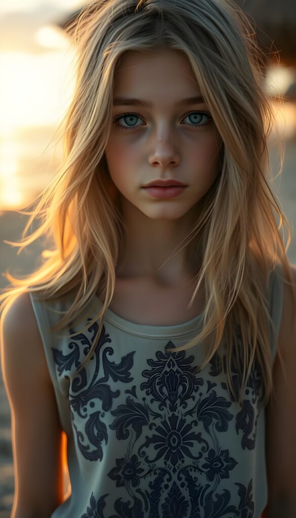 A vibrant, high-resolution image capturing a young European girl with flowing blonde hair and expressive turquoise eyes. She wears a flowing, sleeveless t-shirt adorned with intricate, ornate patterns inspired by Baroque art. The scene is bathed in golden hour light, with soft, warm tones and dynamic shadows, creating a magical, enchanting atmosphere. All against a sunset at beach.
