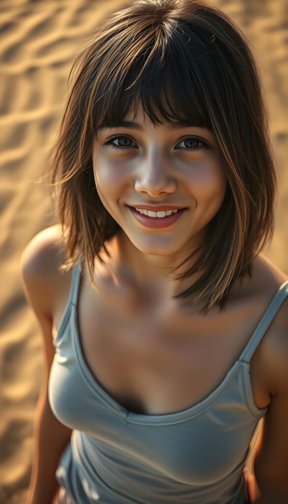 A vibrant, high-angle view of a young adult well busty girl with soft black shoulder-length straight hair and blond highlights and gentle bangs framing her face. Amber round eyes, full lips, her round, expressive face is lit by a warm, golden light, casting a gentle glow. She wears a stylish, thin light grey tank top deep v-neck, blending harmoniously with her natural beauty. The composition emphasizes her joyful expression and the serene, enchanting atmosphere, all against a backdrop in a sandy desert