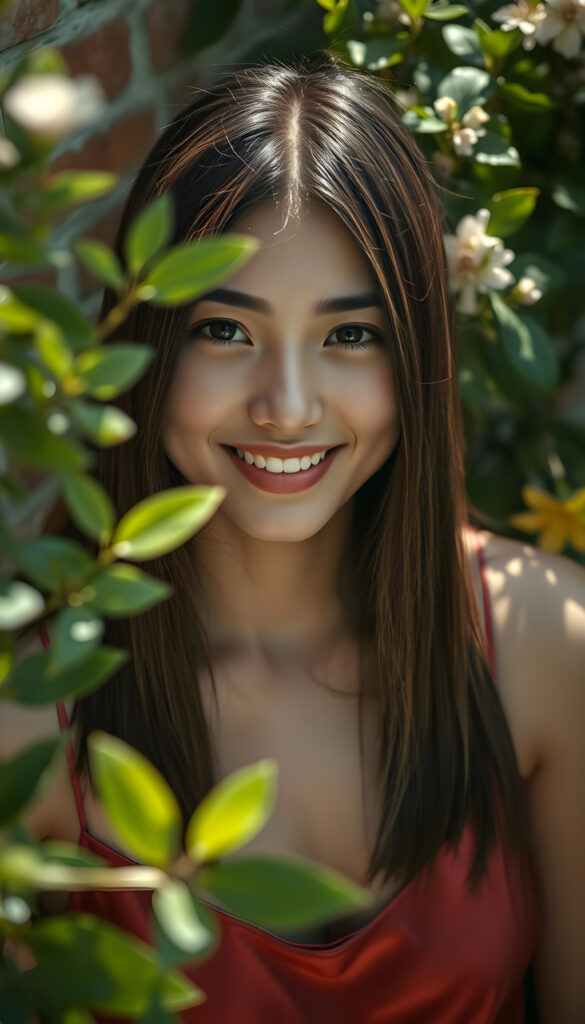 A vibrant, high-angle view captures a cheerful young woman with soft brown, straight hair adorned with black highlights framing her face symmetrically. Her flawless, round face radiates joy, enhanced by the dappled sunlight filtering through nearby foliage. She wears a stylish, thin silk tank top in a rich, complementary color, blending seamlessly with her natural beauty. The background features a rustic brick wall, partially obscured by lush greenery and blooming flowers, creating a harmonious and picturesque scene.
