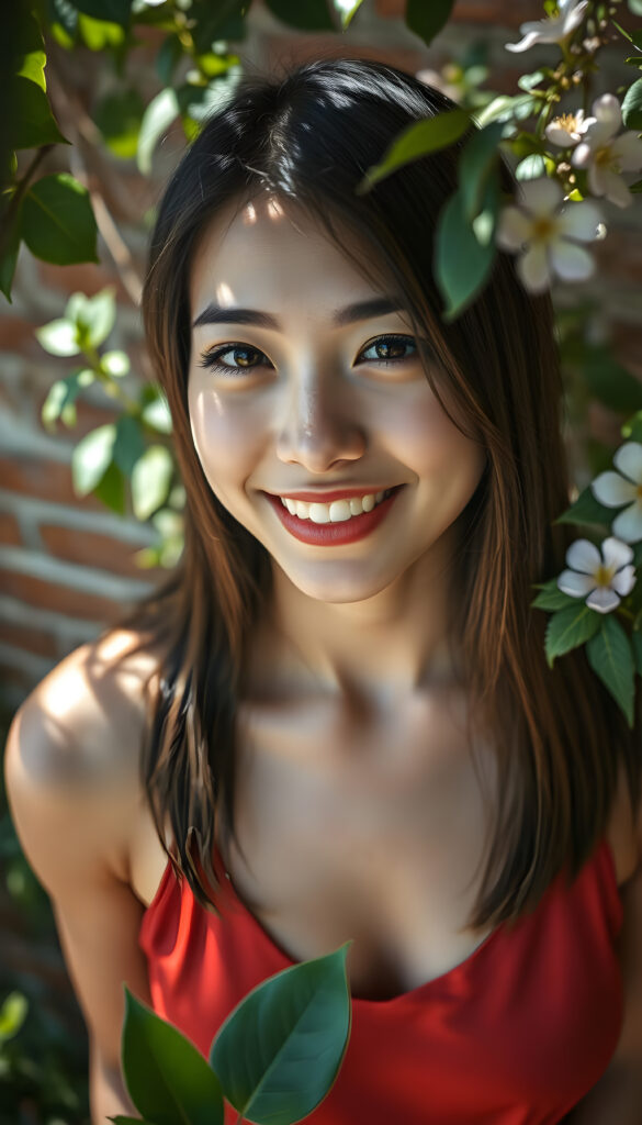 A vibrant, high-angle view captures a cheerful young woman with soft brown, straight hair adorned with black highlights framing her face symmetrically. Her flawless, round face radiates joy, enhanced by the dappled sunlight filtering through nearby foliage. She wears a stylish, thin silk tank top in a rich, complementary color, blending seamlessly with her natural beauty. The background features a rustic brick wall, partially obscured by lush greenery and blooming flowers, creating a harmonious and picturesque scene.