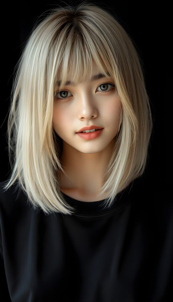 A vibrant, high-resolution portrait of a young super cute Asian girl with luxuriously straight, thick, natural hair and blond highlights in a perfect shoulder-length bob cut and perfectly natural amber eyes. She wears a black oversized t-shirt, highlighting her flawless complexion and straight white teeth against a black backdrop, with soft, diffused lighting creating dramatic shadows.