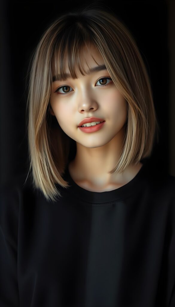 A vibrant, high-resolution portrait of a young super cute Asian girl with luxuriously straight, thick, natural hair and blond highlights in a perfect shoulder-length bob cut and perfectly natural amber eyes. She wears a black oversized t-shirt, highlighting her flawless complexion and straight white teeth against a black backdrop, with soft, diffused lighting creating dramatic shadows.